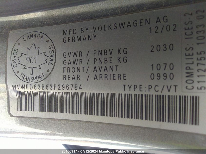 2003 Volkswagen Passat Gls VIN: WVWPD63B63P296754 Lot: 20166917