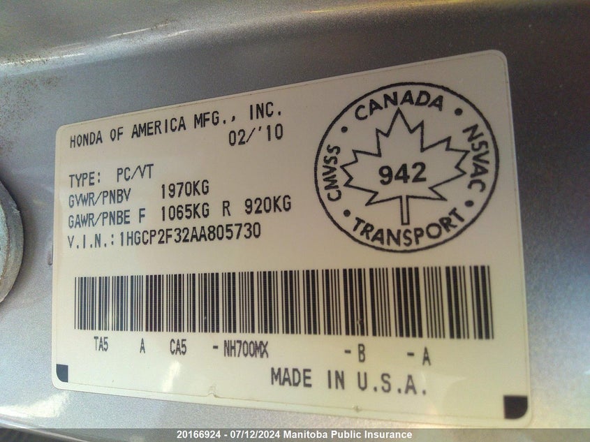 2010 Honda Accord Lx VIN: 1HGCP2F32AA805730 Lot: 20166924