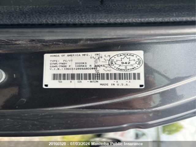 2009 Honda Accord Ex-L VIN: 1HGCS12899A800997 Lot: 20166928