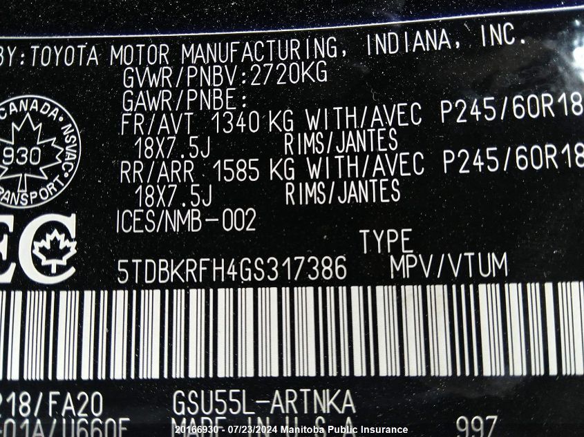 2016 Toyota Highlander Le V6 VIN: 5TDBKRFH4GS317386 Lot: 20166930