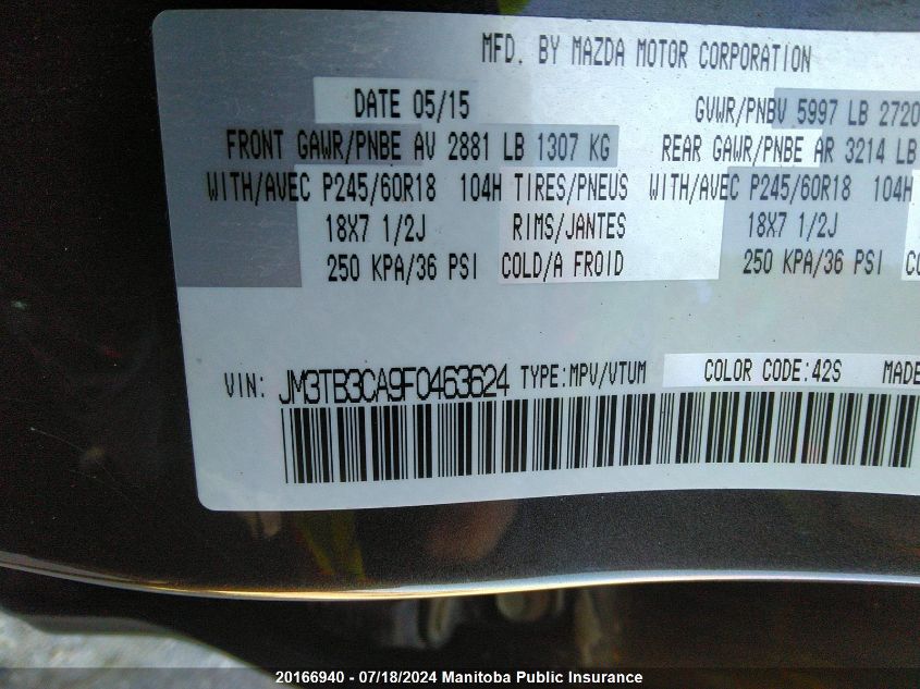 2015 Mazda Cx -9 Gs VIN: JM3TB3CA9F0463624 Lot: 20166940