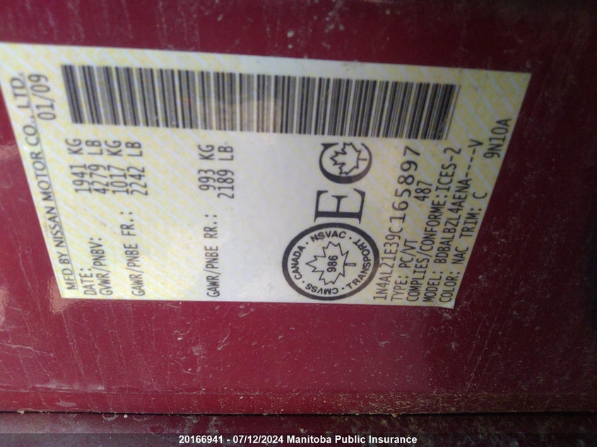 2009 Nissan Altima 2.5 Sl VIN: 1N4AL21E39C165897 Lot: 20166941