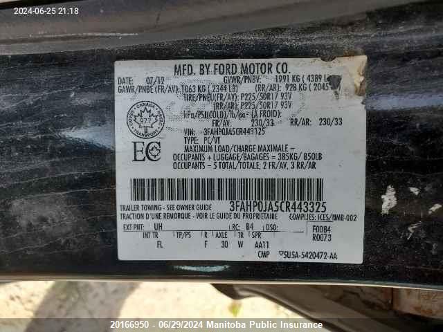 2012 Ford Fusion Sel VIN: 3FAHP0JA5CR443325 Lot: 20166950