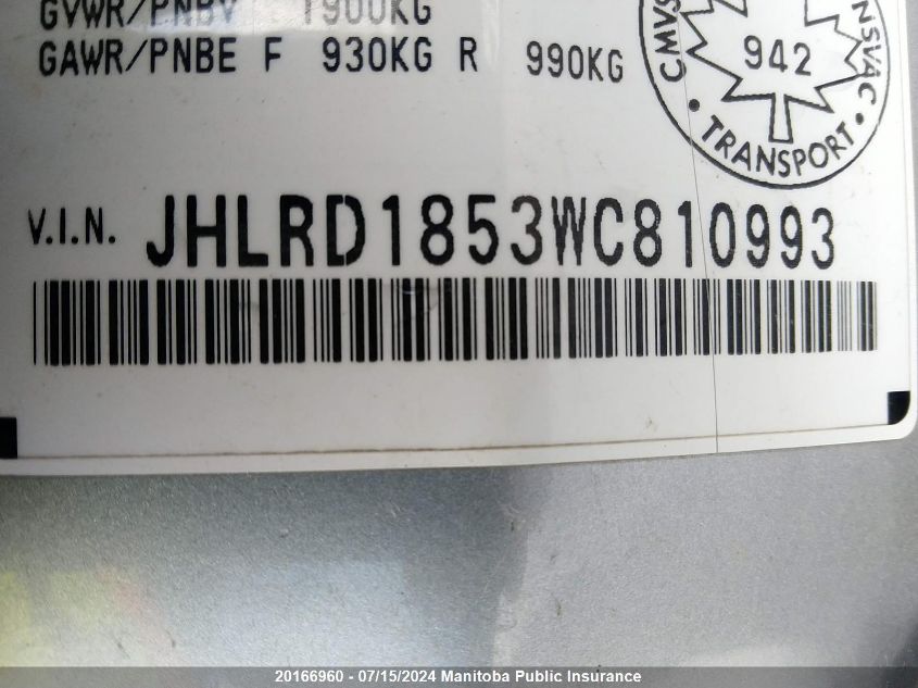1998 Honda Cr-V VIN: JHLRD1853WC810993 Lot: 20166960