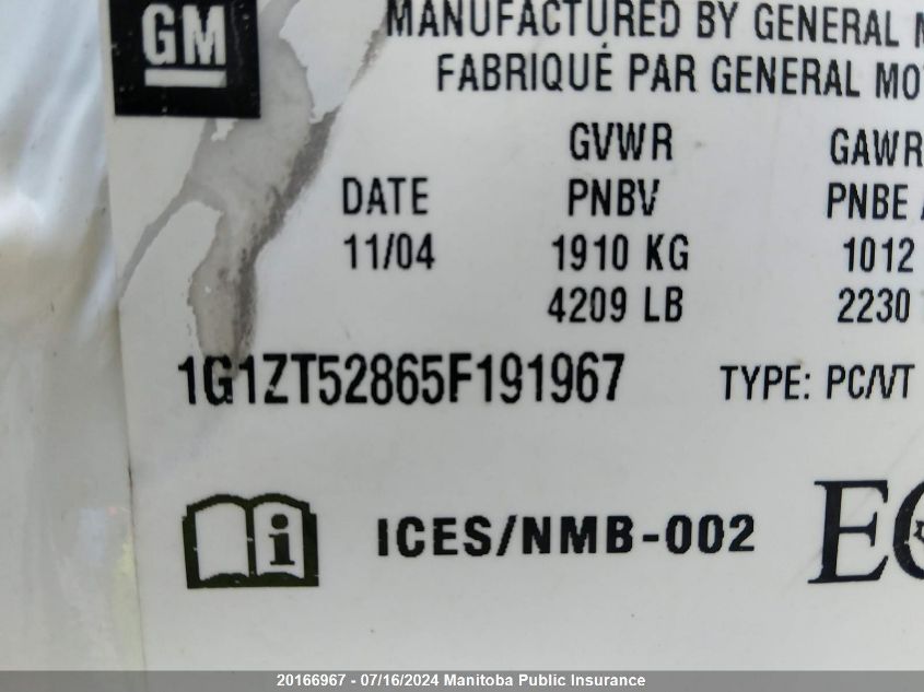 2005 Chevrolet Malibu Ls VIN: 1G1ZT52865F191967 Lot: 20166967
