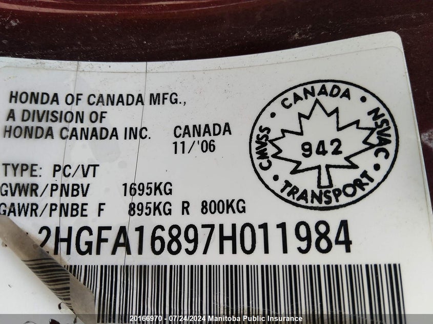 2007 Honda Civic Ex VIN: 2HGFA16897H011984 Lot: 20166970