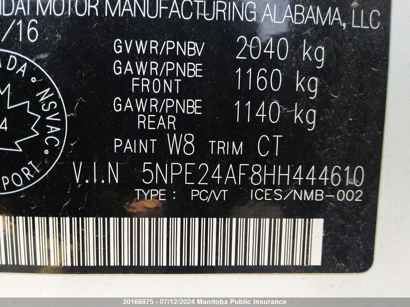 2017 Hyundai Sonata Gls VIN: 5NPE24AF8HH444610 Lot: 20166975