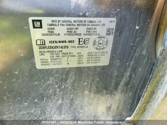 2013 Chevrolet Equinox Lt VIN: 2GNFLEEK3D6145269 Lot: 20166981