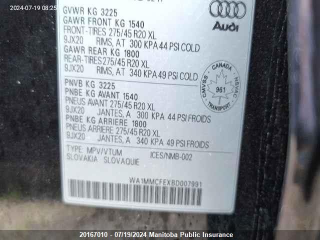 2011 Audi Q7 V6 Tdi VIN: WA1MMCFEXBD007991 Lot: 20167010