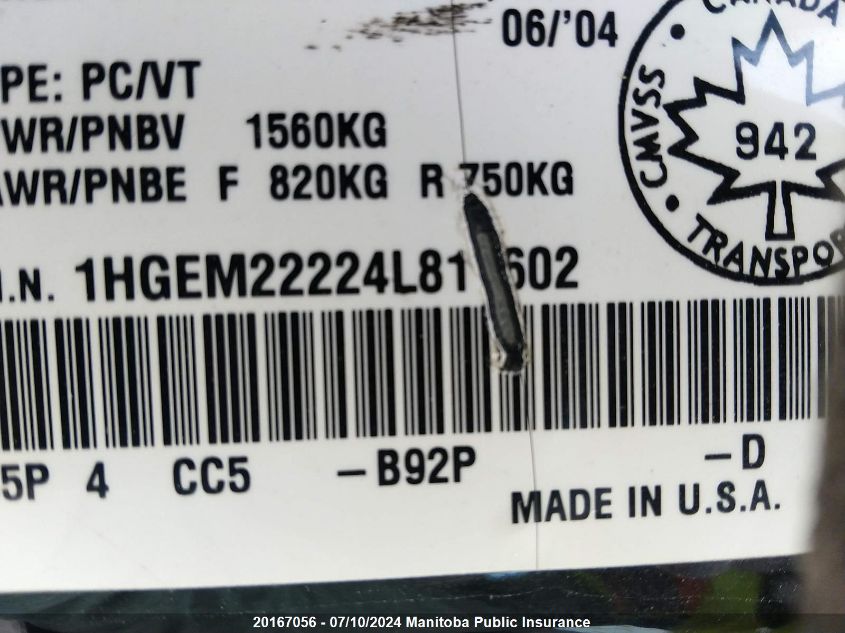 2004 Honda Civic Se VIN: 1HGEM22224L811602 Lot: 20167056