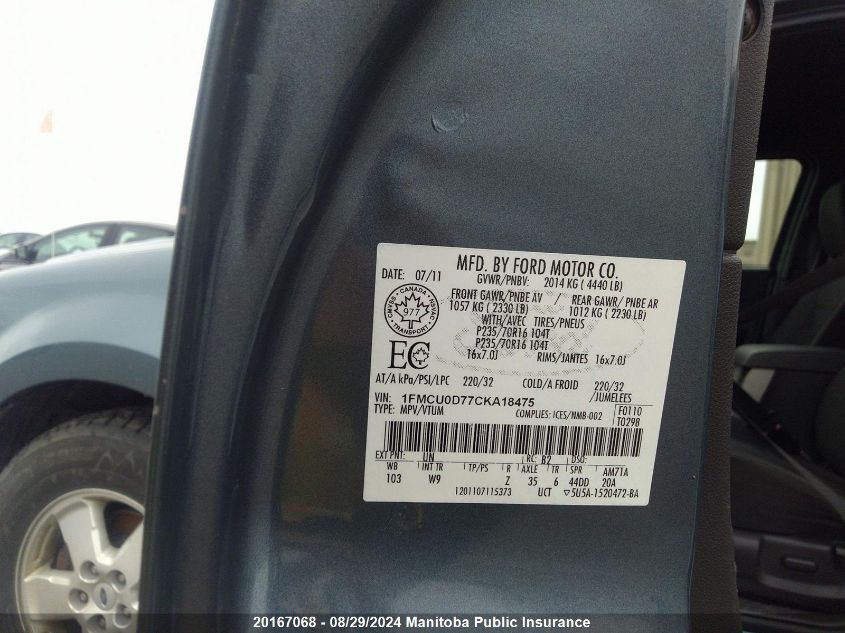 2012 Ford Escape Xlt VIN: 1FMCU0D77CKA18475 Lot: 20167068