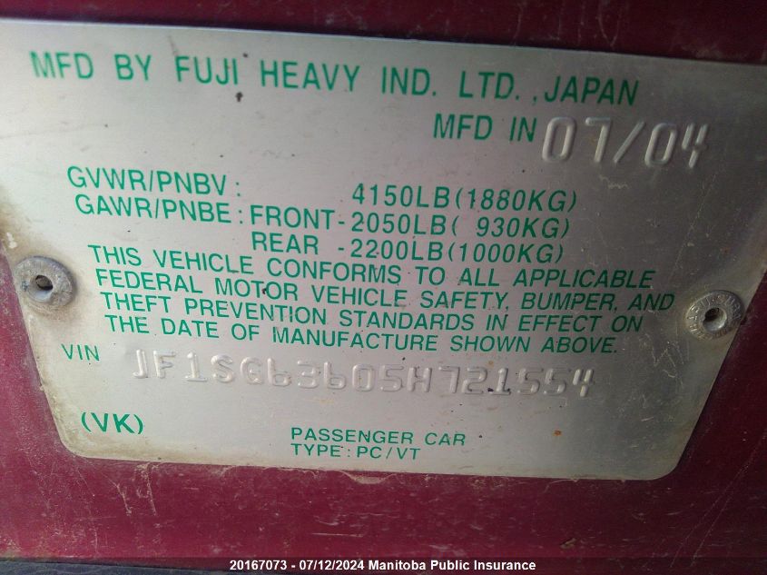 2005 Subaru Forester 2.5 X VIN: JF1SG63605H721554 Lot: 20167073