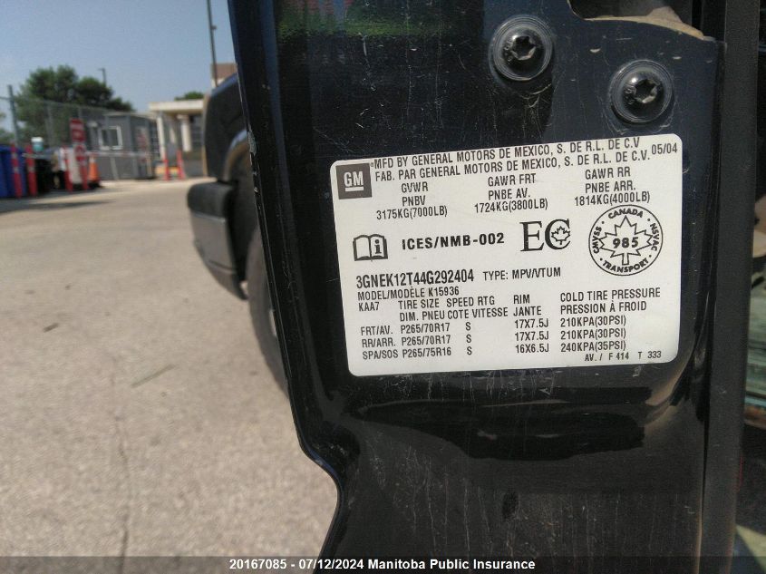 2004 Chevrolet Avalanche 1500 VIN: 3GNEK12T44G292404 Lot: 20167085