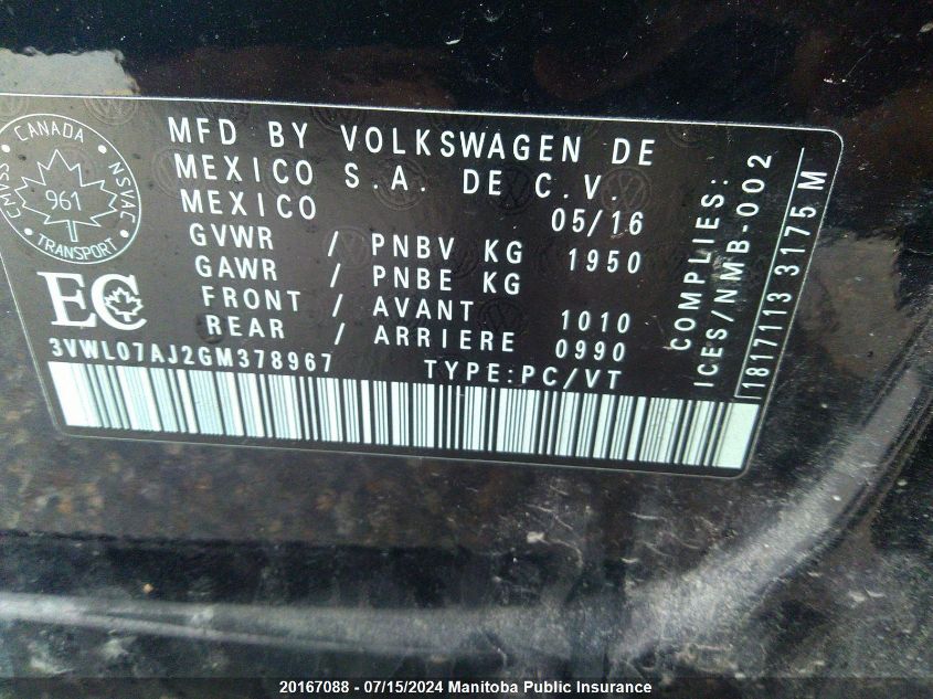 2016 Volkswagen Jetta 1.8 Tsi VIN: 3VWL07AJ2GM378967 Lot: 20167088