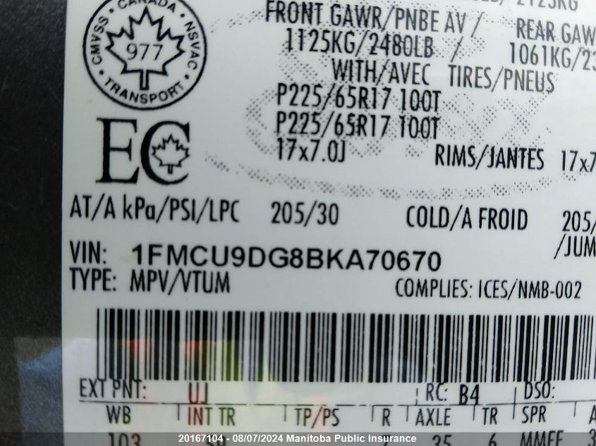 2011 Ford Escape Xlt V6 VIN: 1FMCU9DG8BKA70670 Lot: 20167104