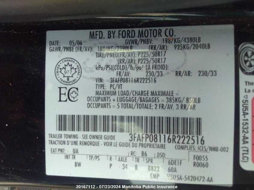 2006 Ford Fusion Sel V6 VIN: 3FAFP08116R222516 Lot: 20167112