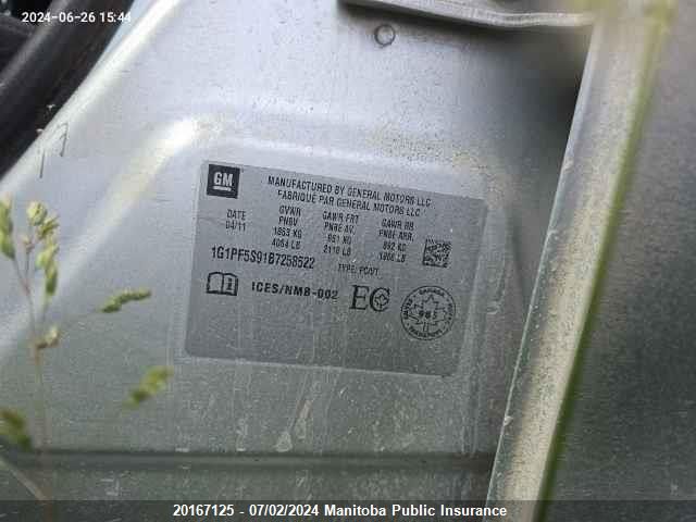 2011 Chevrolet Cruze Lt Turbo VIN: 1G1PF5S91B7258522 Lot: 20167125