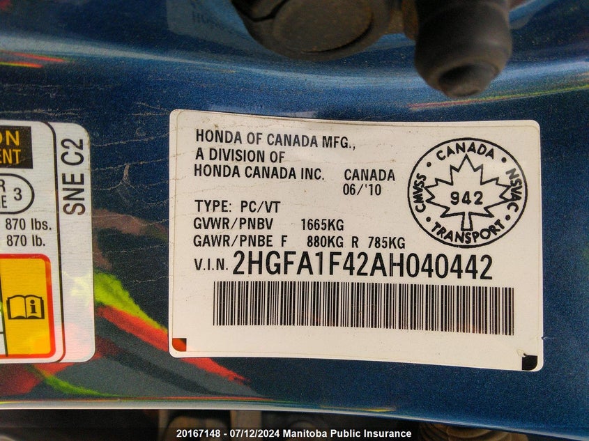 2010 Honda Civic Dx-G VIN: 2HGFA1F42AH040442 Lot: 20167148