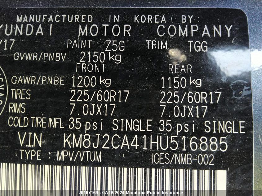 2017 Hyundai Tucson VIN: KM8J2CA41HU516885 Lot: 20167169