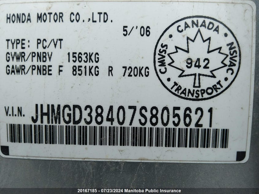 2007 Honda Fit Lx VIN: JHMGD38407S805621 Lot: 20167185
