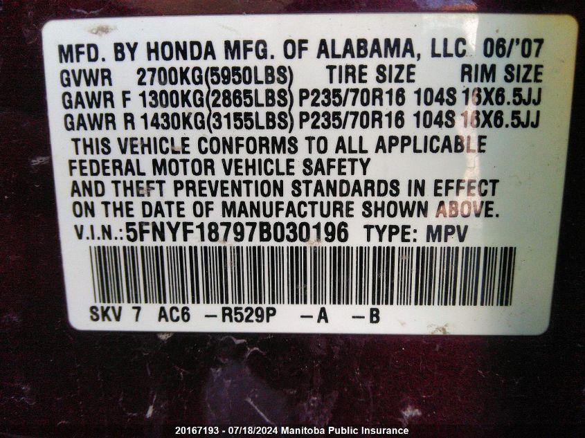 2007 Honda Pilot Ex VIN: 5FNYF18797B030196 Lot: 20167193