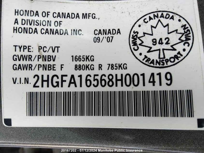 2008 Honda Civic Lx VIN: 2HGFA16568H001419 Lot: 20167202