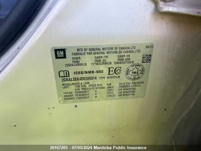 2013 GMC Terrain Sle VIN: 2GKALSEK4D6399014 Lot: 20167205