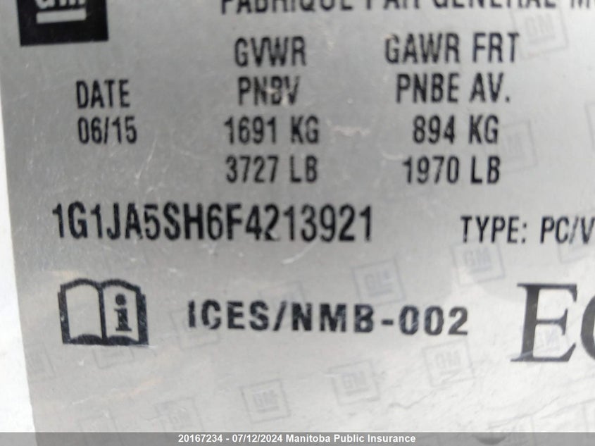 2015 Chevrolet Sonic Ls VIN: 1G1JA5SH6F4213921 Lot: 20167234