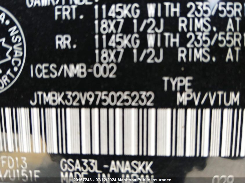 2007 Toyota Rav4 Sport V6 VIN: JTMBK32V975025232 Lot: 20167243