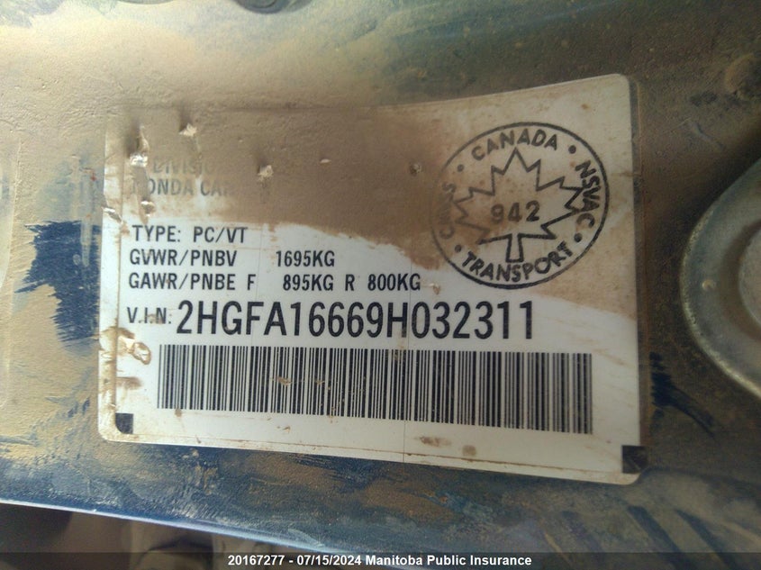 2009 Honda Civic Lx VIN: 2HGFA16669H032311 Lot: 20167277