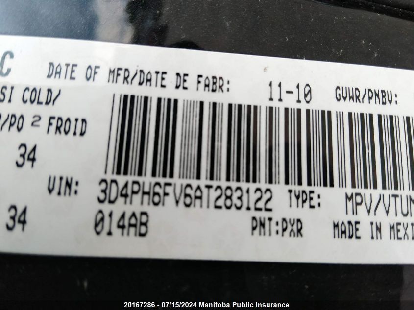 2010 Dodge Journey R/T VIN: 3D4PH6FV6AT283122 Lot: 20167286