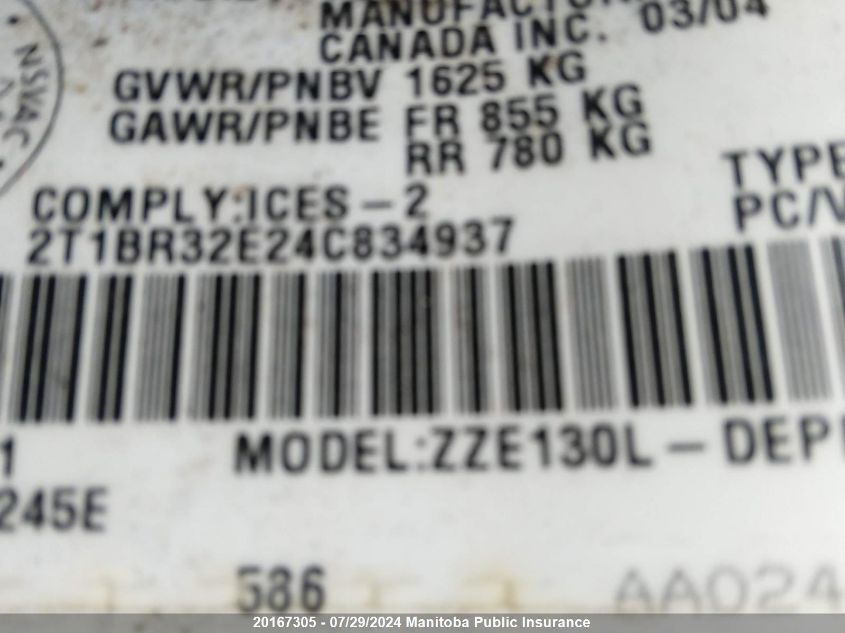 2004 Toyota Corolla Ce VIN: 2T1BR32E24C834937 Lot: 20167305