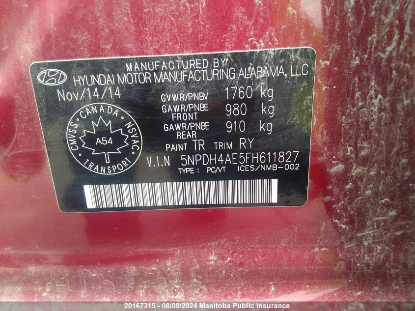 2015 Hyundai Elantra Gl VIN: 5NPDH4AE5FH611827 Lot: 20167315