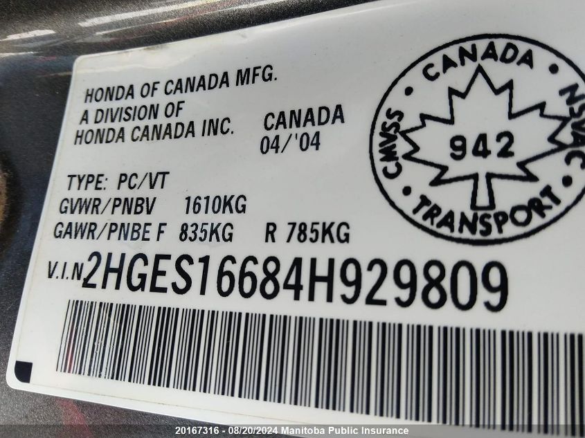2004 Honda Civic Lx VIN: 2HGES16684H929809 Lot: 20167316