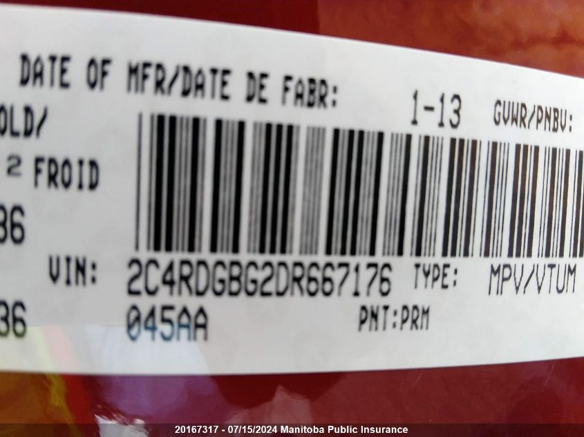 2013 Dodge Grand Caravan Se VIN: 2C4RDGBG2DR667176 Lot: 20167317