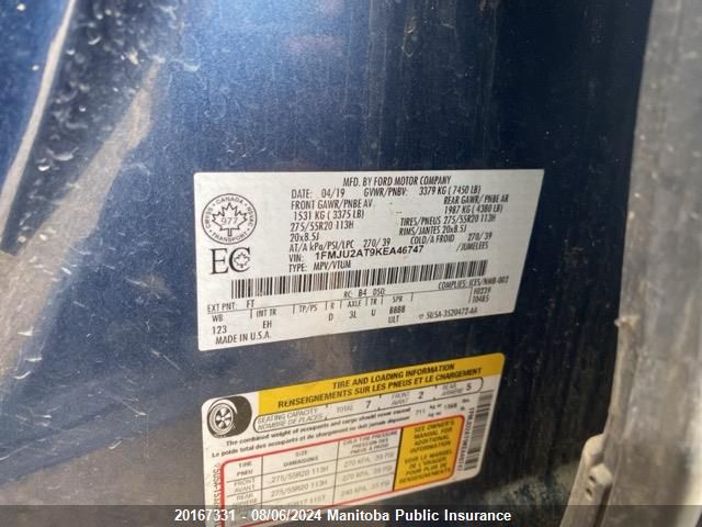 2019 Ford Expedition Limited VIN: 1FMJU2AT9KEA46747 Lot: 20167331