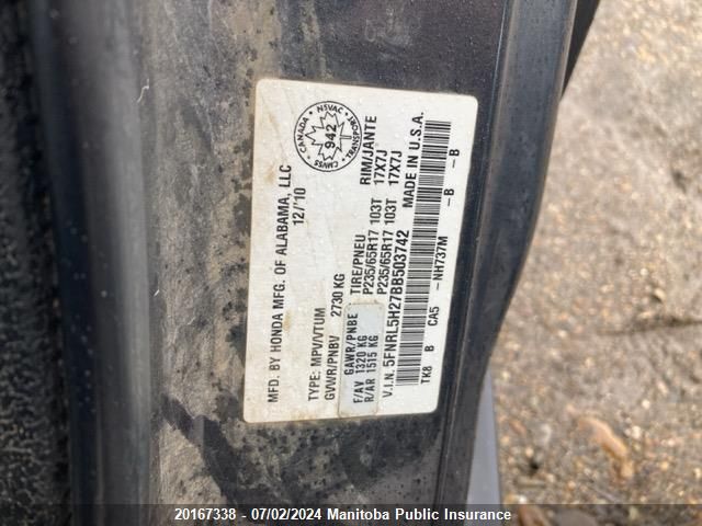 2011 Honda Odyssey Lx VIN: 5FNRL5H27BB503742 Lot: 20167338