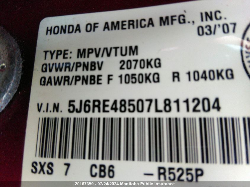 2007 Honda Cr-V Ex VIN: 5J6RE48507L811204 Lot: 20167359