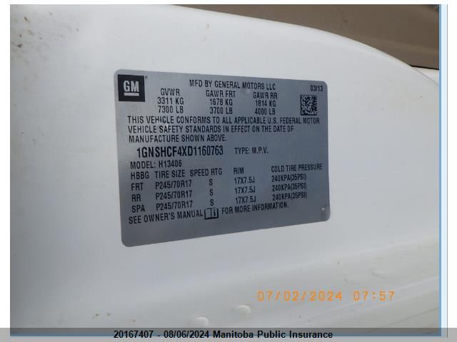 2013 Chevrolet Express 1500 Lt VIN: 1GNSHCF4XD1160763 Lot: 20167407