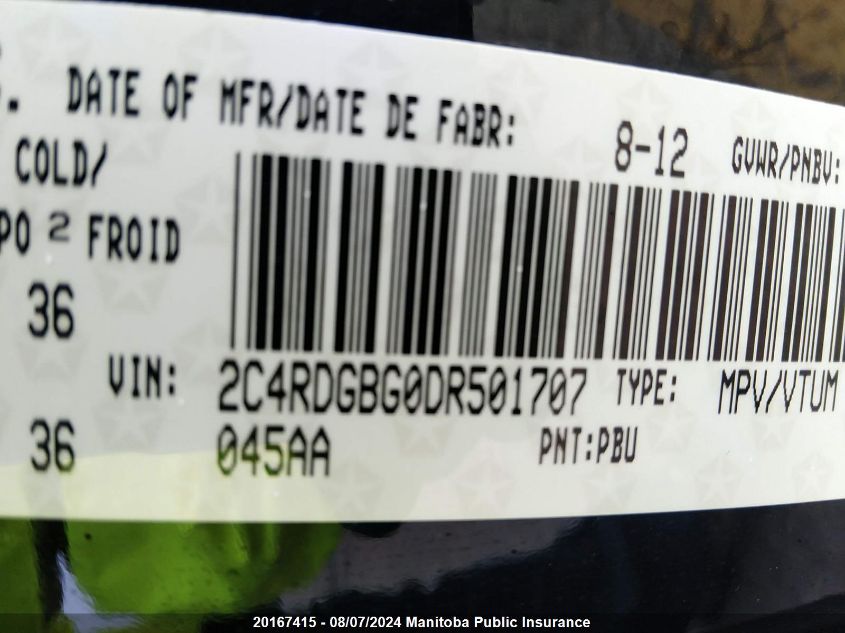 2013 Dodge Grand Caravan Se VIN: 2C4RDGBG0DR501707 Lot: 20167415