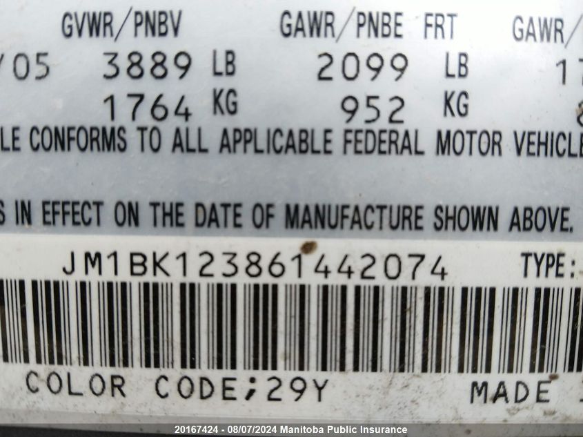 2006 Mazda Mazda3 Gt VIN: JM1BK123861442074 Lot: 20167424