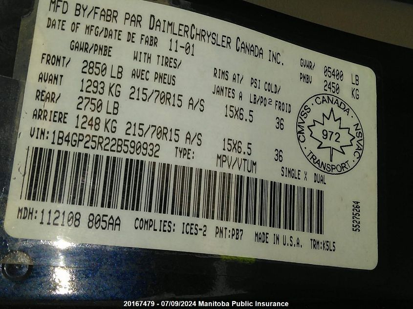 2002 Dodge Caravan Se VIN: 1B4GP25R22B590932 Lot: 20167479