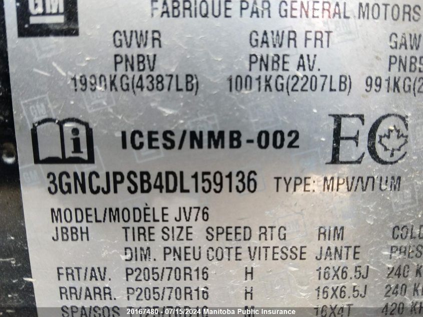 2013 Chevrolet Trax Lt VIN: 3GNCJPSB4DL159136 Lot: 20167480