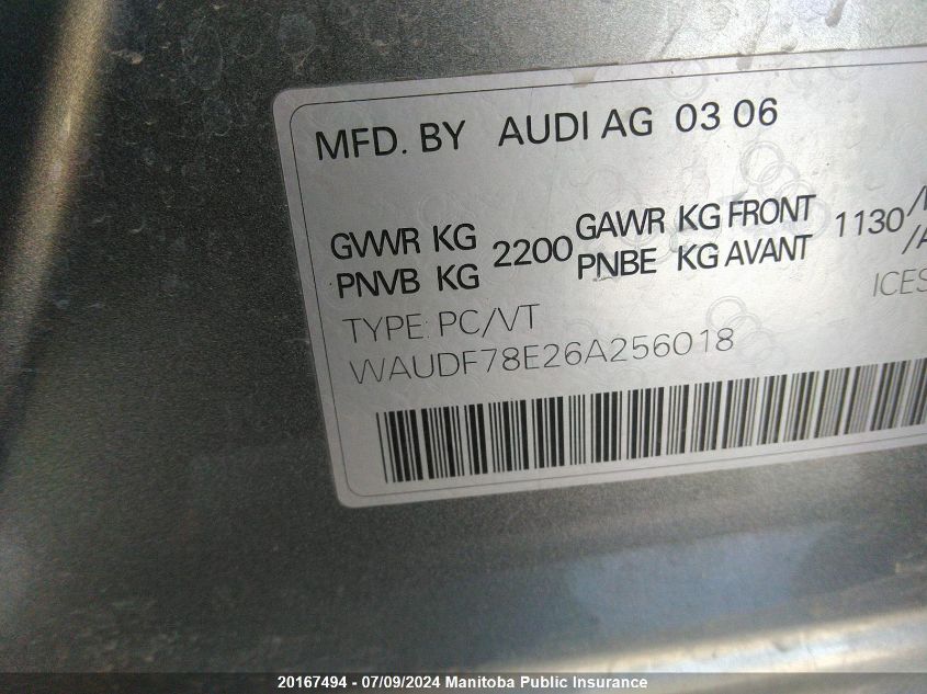 2006 Audi A4 2.0T Quattro VIN: WAUDF78E26A256018 Lot: 20167494