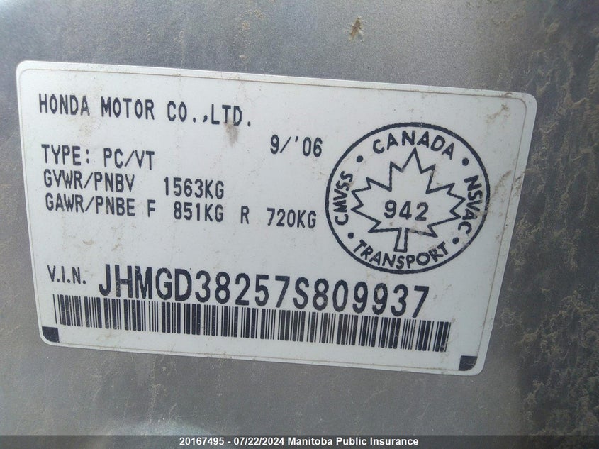 2007 Honda Fit Dx VIN: JHMGD38257S809937 Lot: 20167495