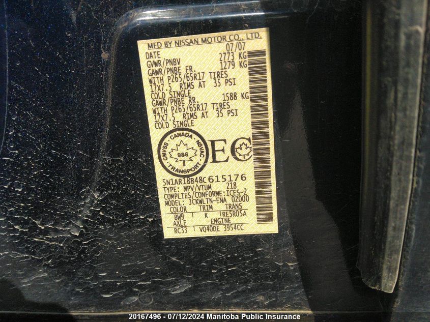 2008 Nissan Pathfinder Se VIN: 5N1AR18B48C615176 Lot: 20167496