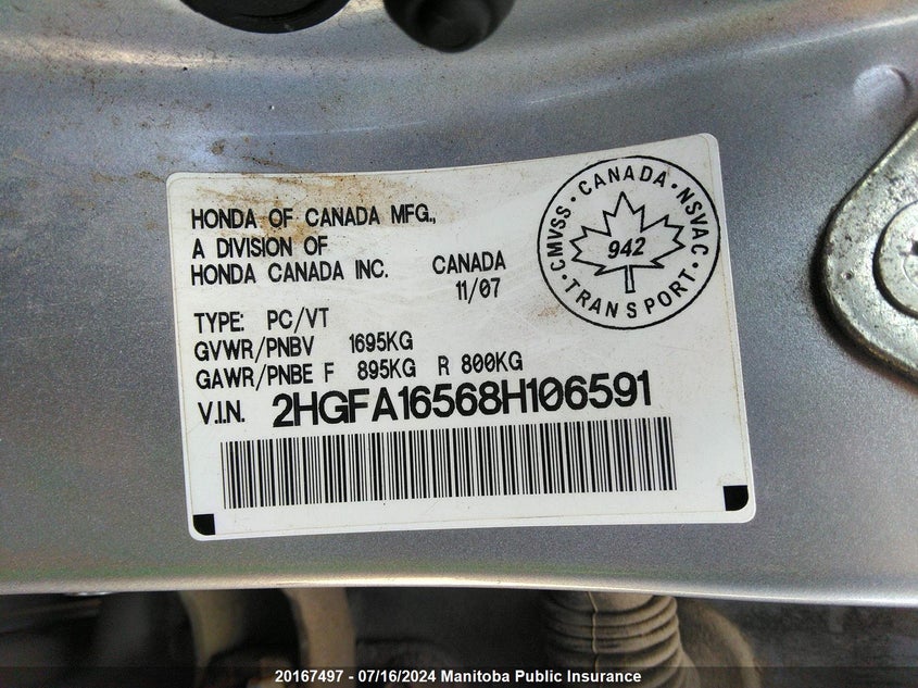 2008 Honda Civic Lx VIN: 2HGFA16568H106591 Lot: 20167497