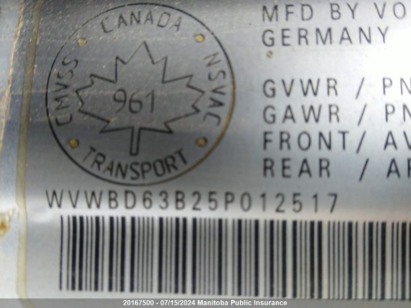 2005 Volkswagen Passat Gls 1.8T 4Motion VIN: WVWBD63B25P012517 Lot: 20167500