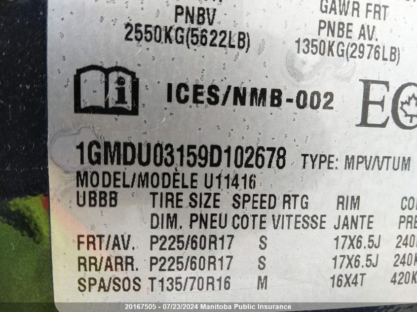 2009 Pontiac Montana Sv6 Sv6 VIN: 1GMDU03159D102678 Lot: 20167505