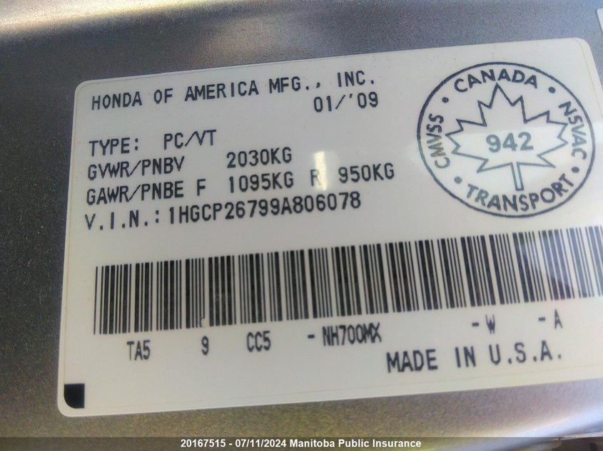 2009 Honda Accord Ex VIN: 1HGCP26799A806078 Lot: 20167515